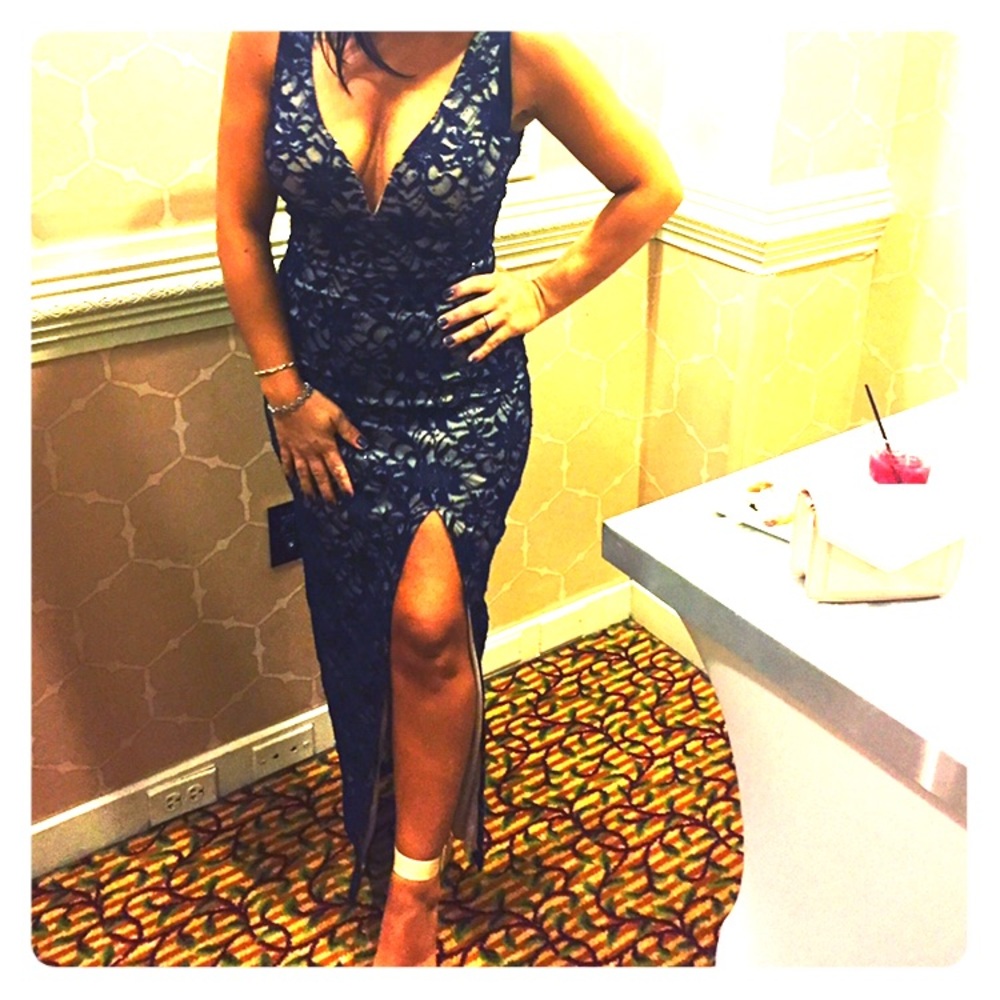 Size Medium Navy Blue Lace gown with slit